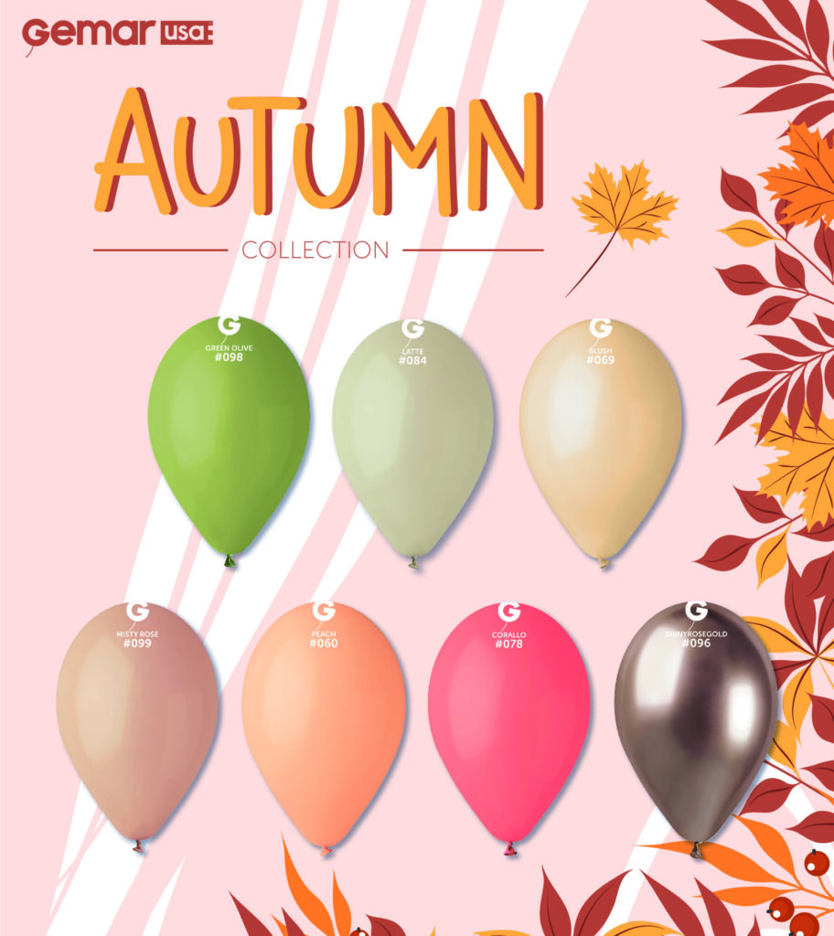 Autumn party balloon arch with orange, gold, and brown Gemar balloons.