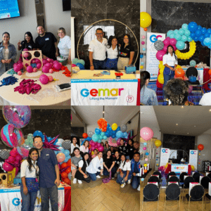 Gemar USA balloon training in Latin America: Students learning balloon decoration techniques with colorful balloons.