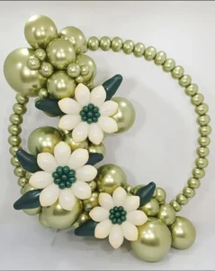 Butter and metallic green balloon flower arrangement, creative balloon bouquet for parties