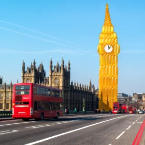 Big Ben London replica made of gold balloons, creative balloon art landmark decoration