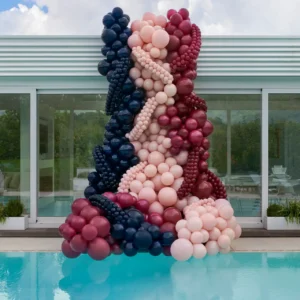 Vino and navy balloon column with blush accents, luxury poolside event decoration