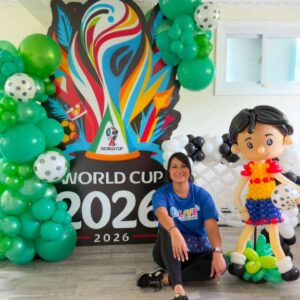 Soccer-inspired balloon decor showing seasonal balloon trends for World Cup watch parties and summer outdoor events